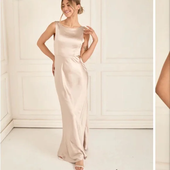 Cowl Back Satin Bridesmaid Dress - Oyster - Picture 3 of 5